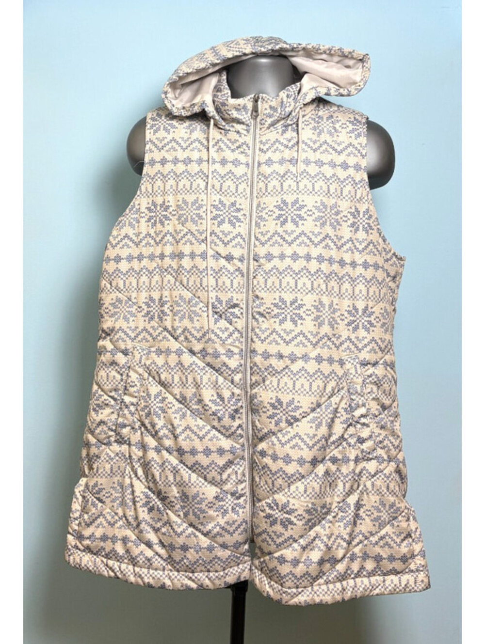 CJ Banks Quilted Puffer Vest Womens 1X Nordic Fair Isle Blue Hooded Full Zip